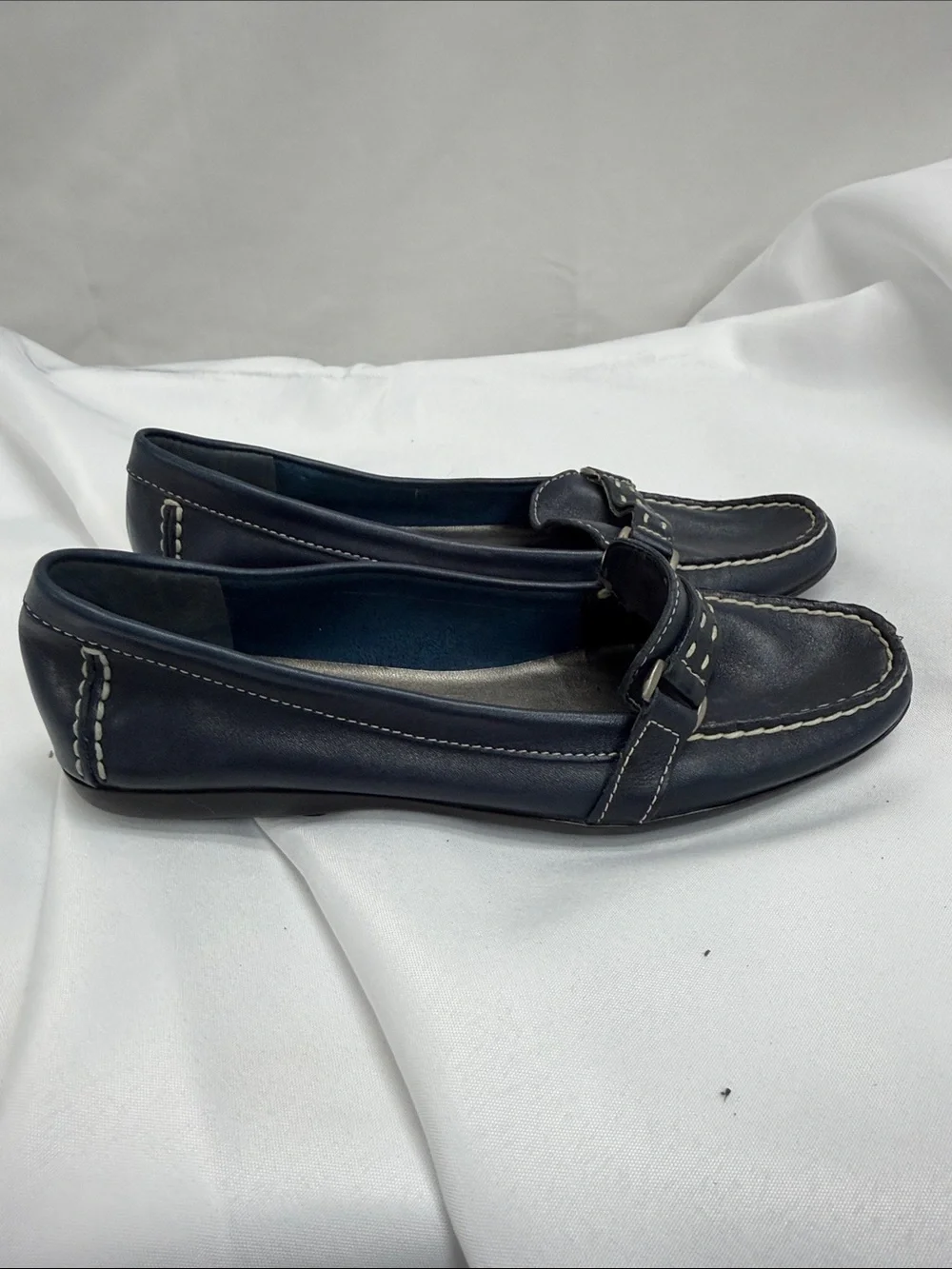 St. John's Bay Navy Leather Loafers with White Stitching